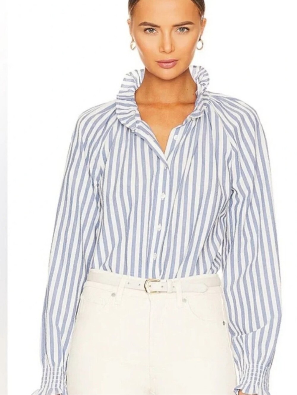 Veronica Beard Calisto Striped Ruffled Collar Button-Up Shirt - Blue/White